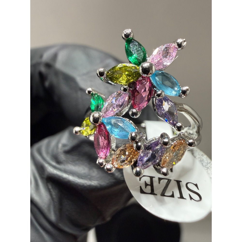 flower ring size 7 vvscz zirconia stone multi color silver filled